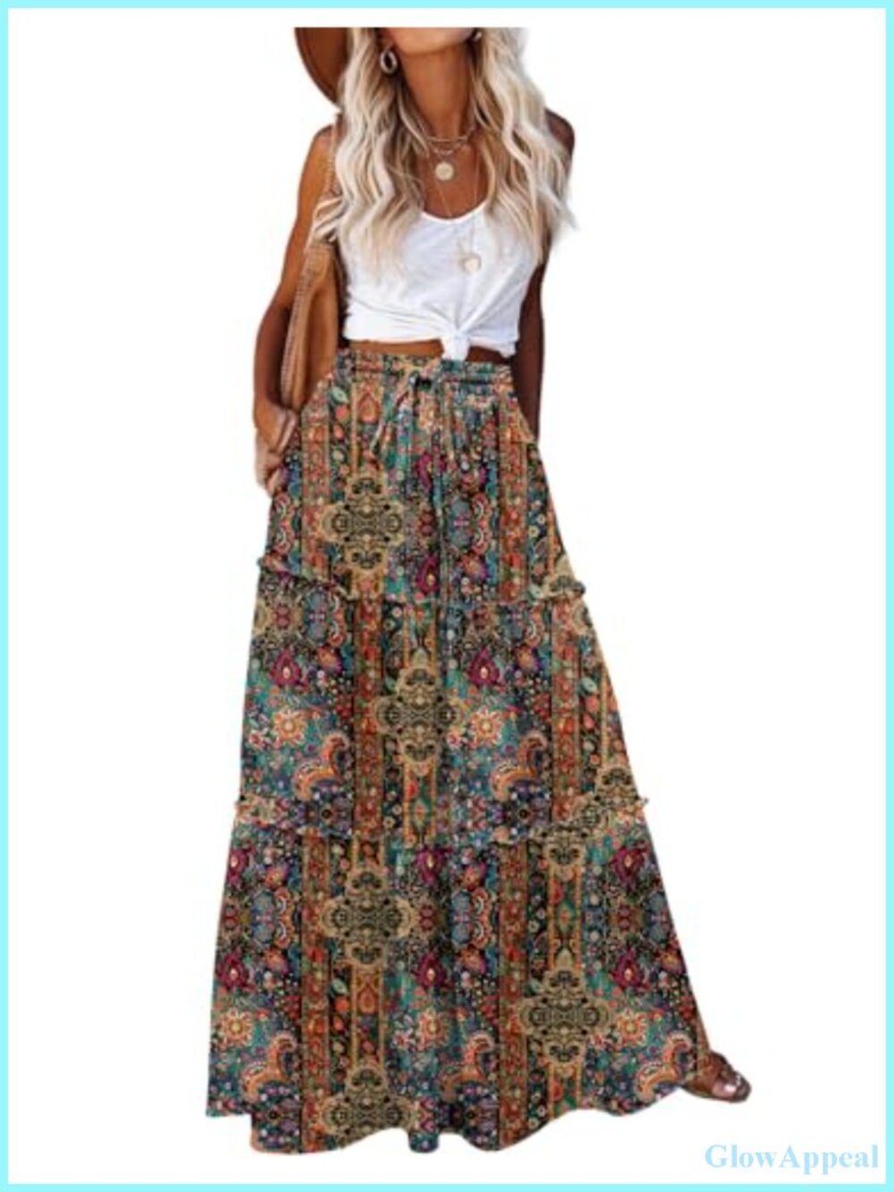 Boho Floral Maxi Skirt High Waist A-Line Long Flowy Skirt with Pockets
